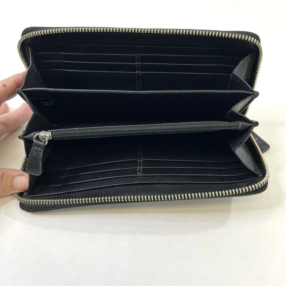 Vtg Coach Zip Around Accordion Wallet Black Signature Canvas Leather Buckle 8x4